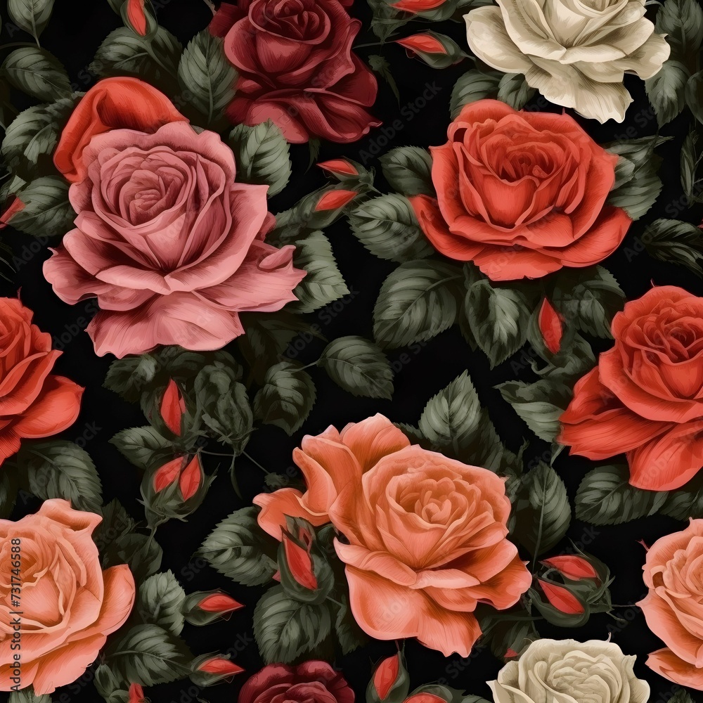 AI generated seamless illustration of multi-colored roses arranged against a black background