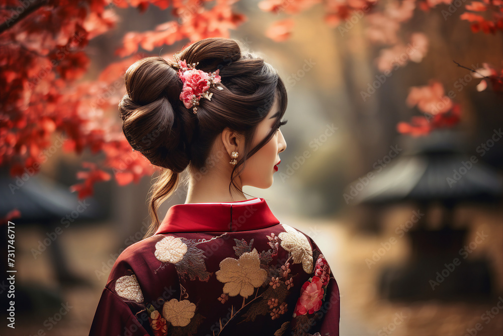 Generative AI picture of stunning chinese lady wear kimono walking on beautiful landscape