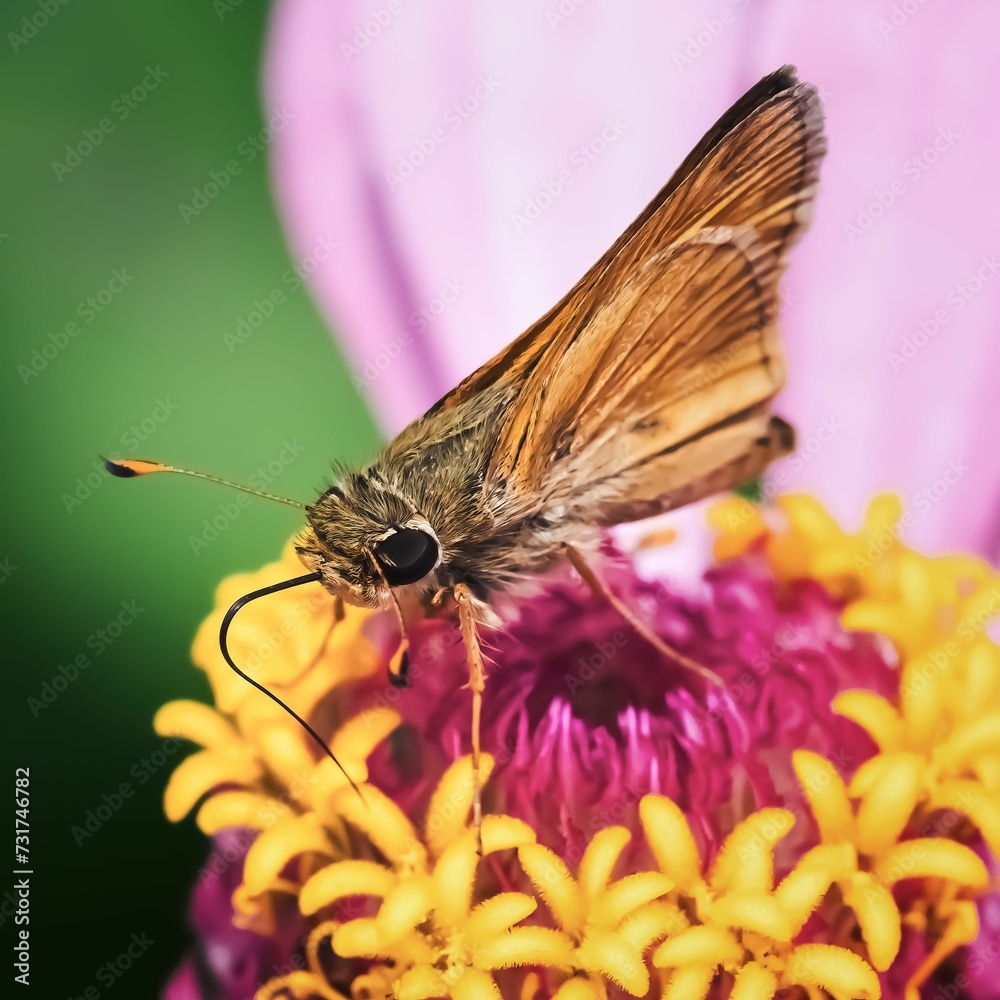 Close up of a Peck's Skipper Butterfly feeding on a pink zinnia flower Close up of a Peck's Skipper Butterfly feeding on a pink zinnia flower