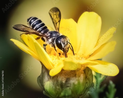 Extreme close up of a Megachile leaf cutter bee pollinating a yellow garland daisy flower.