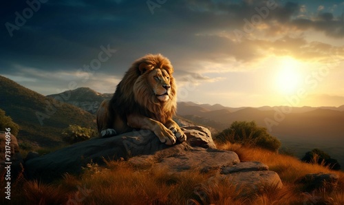 Lion sitting majestically atop a rocky outcropping at sunset, AI-generated. photo