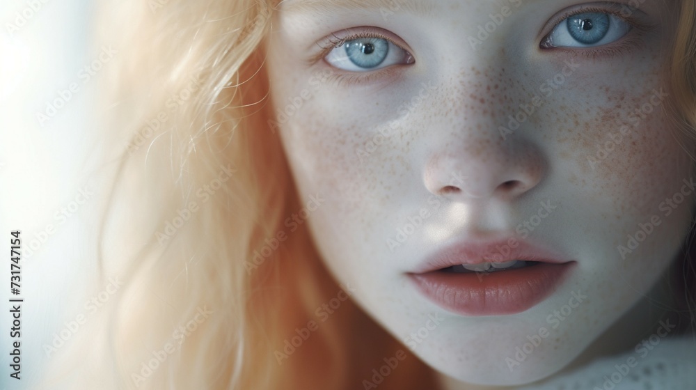 Close-up portrait of a beautiful young albino blonde. Emphasizing the concept of the diversity of human beauty. Close-up portrait of a beautiful young albino blonde. Emphasizing the concept of the diversity of human beauty.