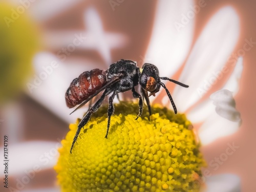 A black and red cuckoo bee, Holcopasites calliopsidis, pollinating a white chamomile flower. NY, USA photo