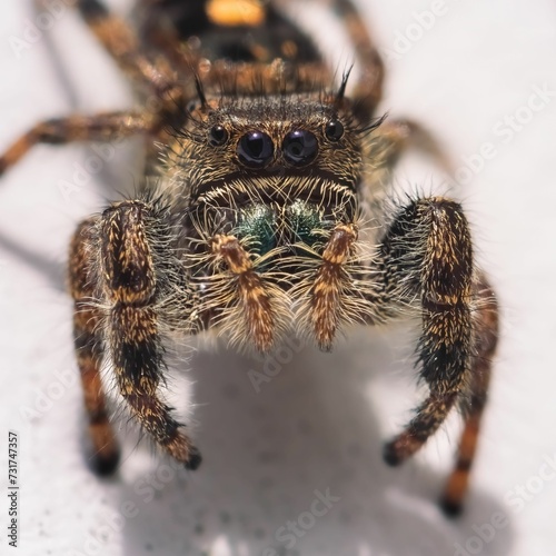 Close up of a Bold Jumping Spider (Phidippus audax) with spiky hair and metallic green fangs.