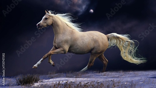 AI generated illustration of A majestic white horse running through a snow-covered field