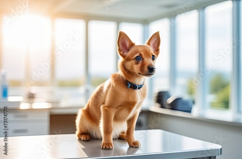 A small breed dog sits on a table in a veterinary clinic. Concept of medicine. Animal hospital