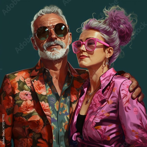 AI generated illustration of a vivid painting of a loving elderly couple embracing each other