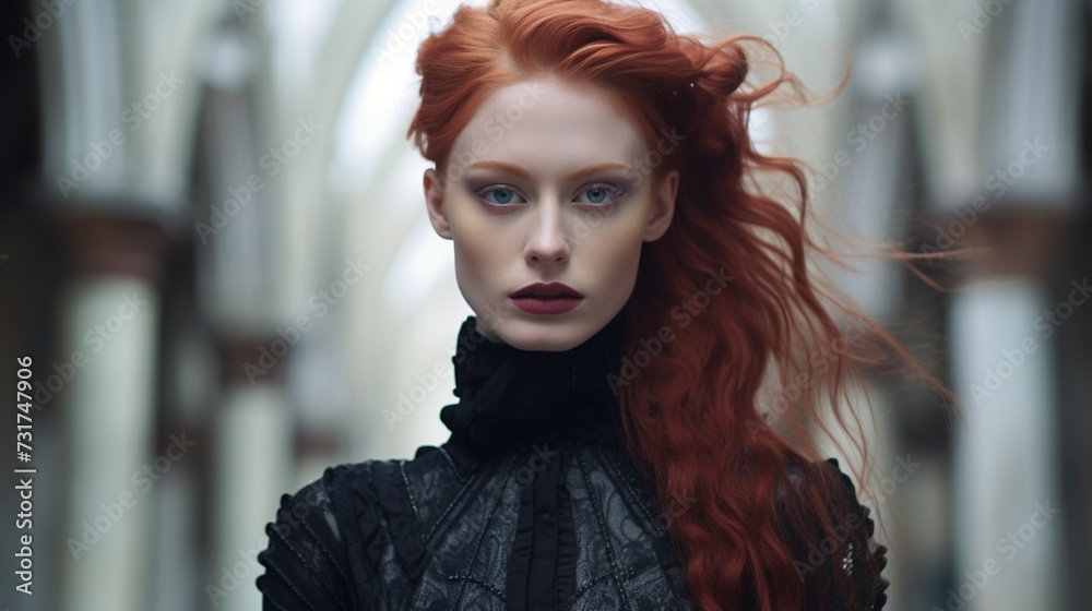 Portrait of a fashion model against the backdrop of a Gothic cathedral. Red-haired girl looking directly into the camera.