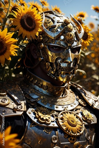 AI generated illustration of a steampunk samurai in field of sunflowers