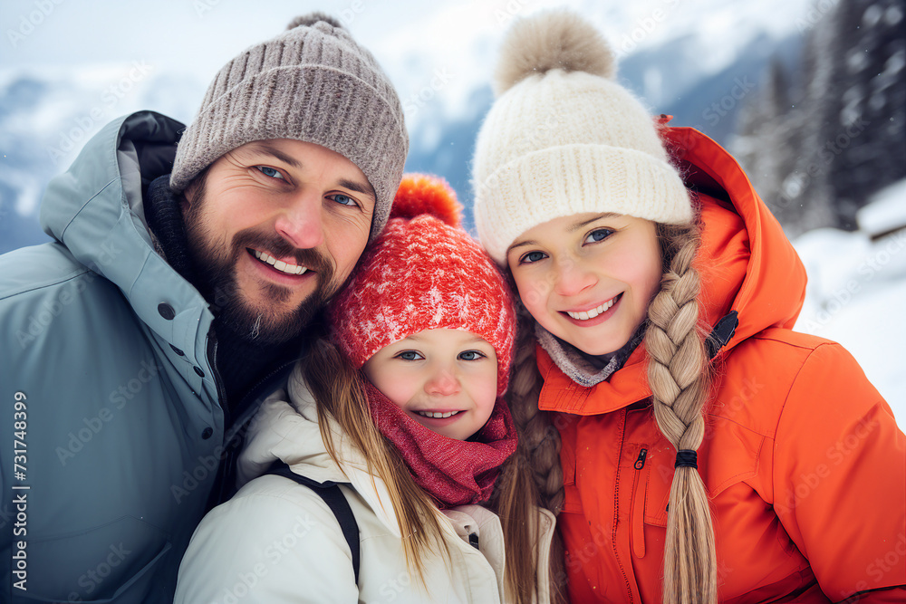 Fototapeta premium Family winter time active sports hiking wonderful landscapes Generative AI made picture