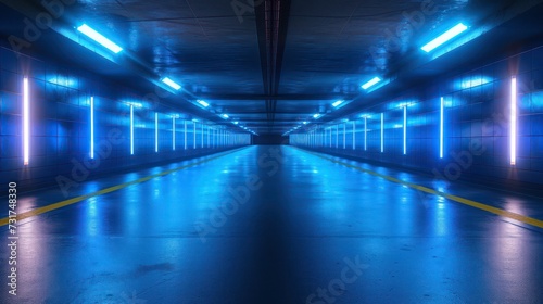 Modern futuristic underground parking corridor warehouse with lighting empty stage