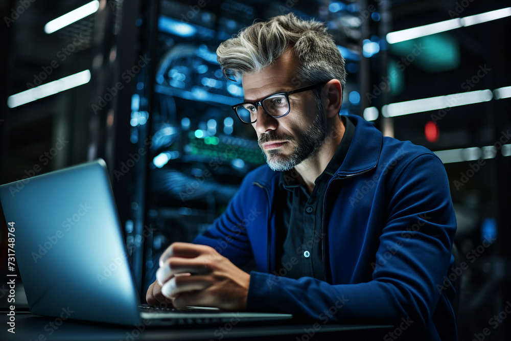 Obraz premium Experienced hacker in action breaking software protection server code Generative Ai image pic