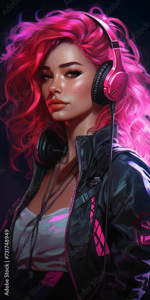 a female with red hair wearing headphones, pink and black