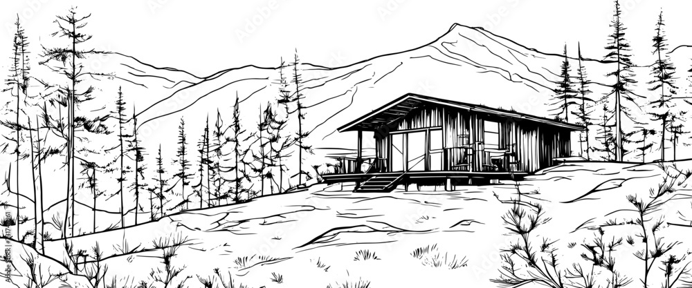 Vector illustration of nature. landscape with mountains, meadows and forest. Illustration of tourism and recreation in the wild. hand-drawn sketch, black and white graphics