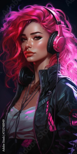 a female with red hair wearing headphones, pink and black © Wirestock