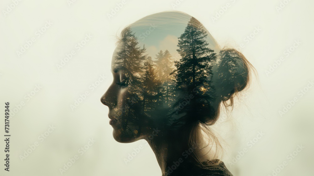 People and nature concept Double exposure portrait of woman with green forest creative artwork