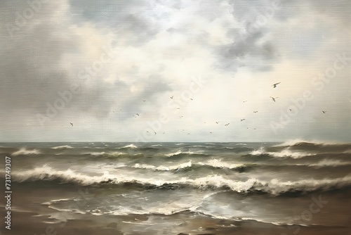 an oil painting of a wave at the beach by water photo