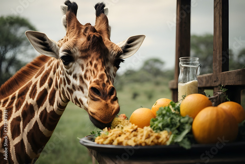 Giraffe face with human food almost eating funny portrait background wallpaper
