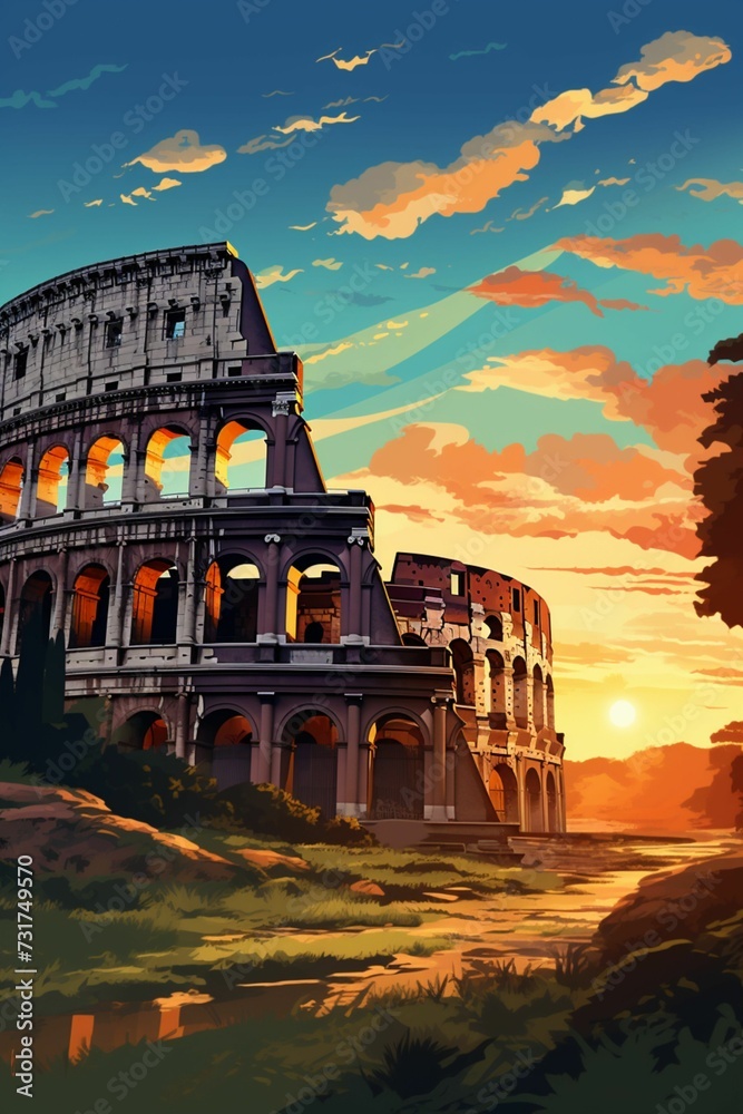 AI generated illustration of the iconic Roman Colosseum at sunset in ...