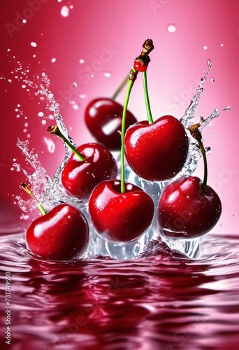 AI generated illustration of realistic cherries plunging into the water against a red background.