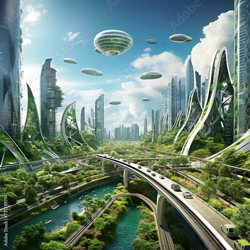 futuristic green city with various bridges and roads over the river