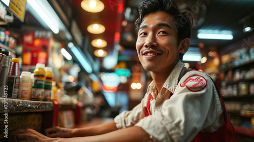 An Asian Man Stands with Arms Outstretched as a Gas Station Attendant, Brimming with Joy and Satisfaction in Providing Essential Service to Customers