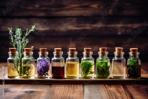 An assortment of essential oil bottles with fresh plants such as lavender, peppermint and rosemary photo