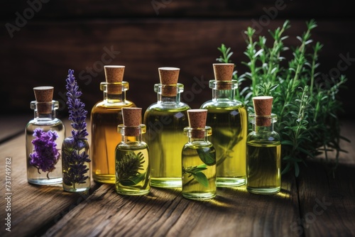 An assortment of essential oil bottles with fresh plants such as lavender, peppermint and rosemary