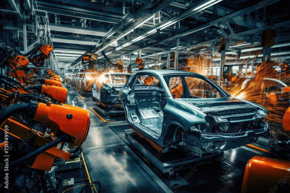 Modern car manufacturing factory, automobile assembly line, automotive industry.