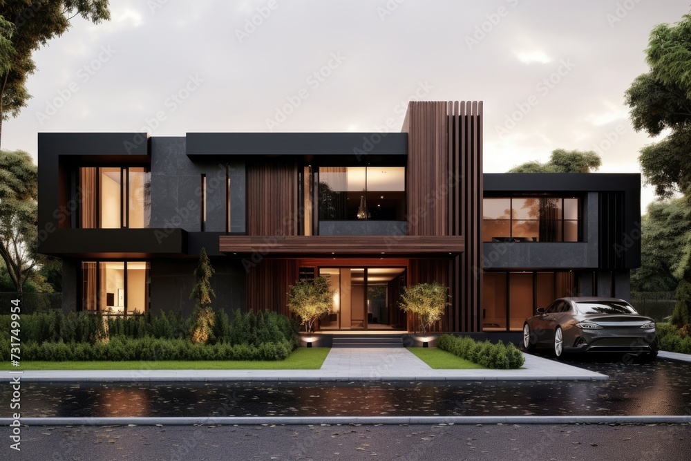 Fototapeta premium Modern design two-storey house with large windows and terrace