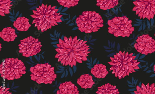 Seamless pattern with red artistic, abstract flowers and shapes leaves on a dark black background. Vector hand drawn. Stylized peonies, dahlias, chrysanthemums patterned. Template for design, print