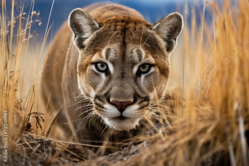 Young cougar crouched in tall grass © Lubos Chlubny