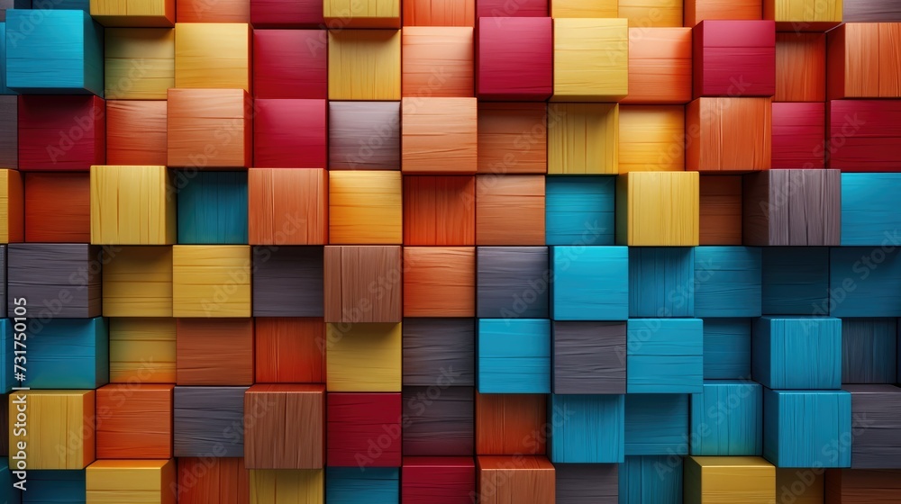 Abstract block stack wooden 3d cubes, colorful wood texture for backdrop