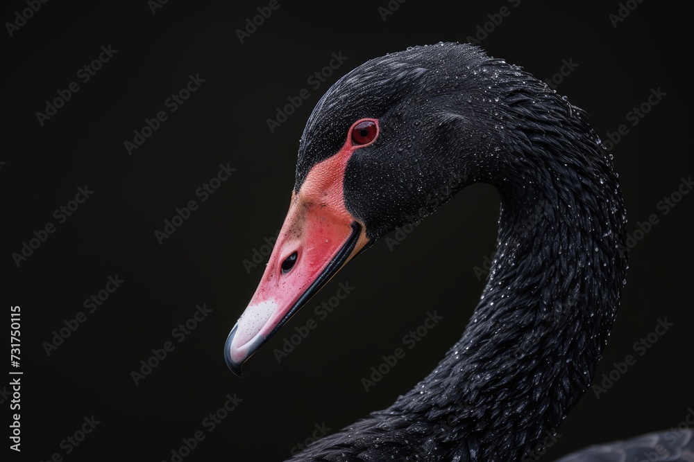 Fototapeta premium Black swan on black background (Cygnus atratus). Beautiful west australian black swan.