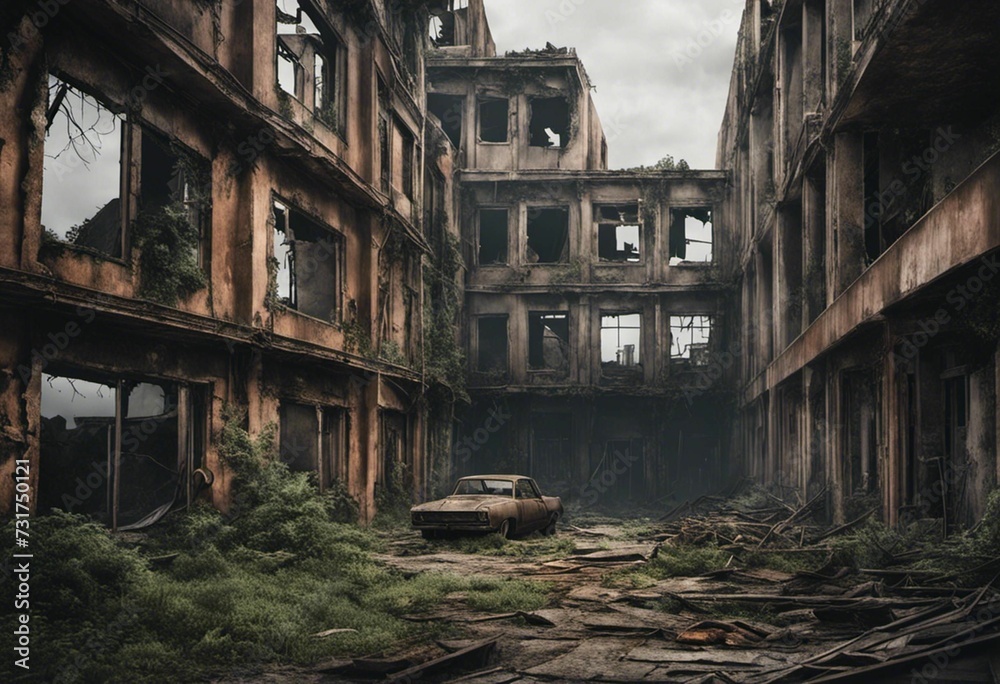 An old vintage car between ruined buildings
