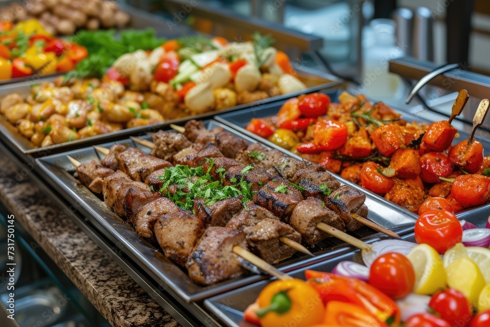 Catering buffet food indoor in restaurant with grilled meat. Catering buffet food indoor in restaurant with grilled meat.