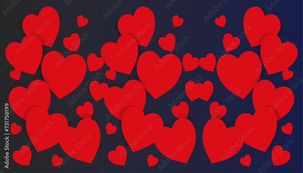 Red hearts fly on soft blue and black color background, border, copy space vector illustration. Valentine day concept for design.