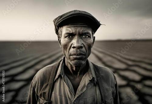 AI generated illustration of a grayscale of an old farmer in a hat standing in the rural field