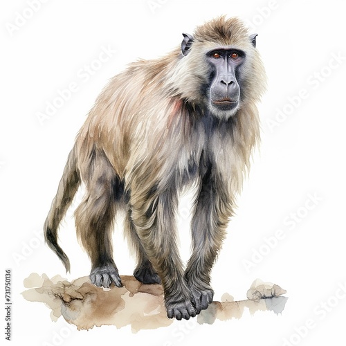 AI generated illustration of a baboon monkey in watercolor on a white background