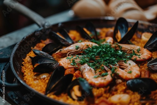Delicious Spanish paella highlighting mussels and shrimps.