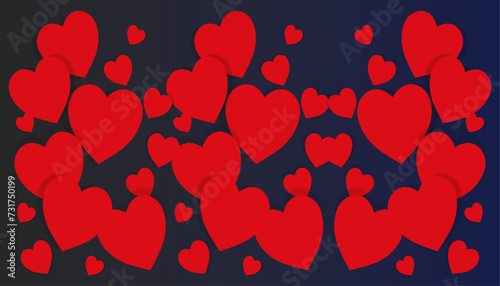Red hearts fly on soft blue and black color background, border, copy space vector illustration. Valentine day concept for design.