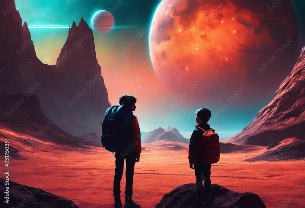 Two kids with backpacks between cliffs with a background of planets - obrazy, fototapety, plakaty 