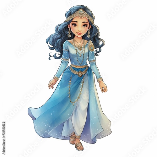 AI generated illustration of a young female Indian princess in a traditional blue dress