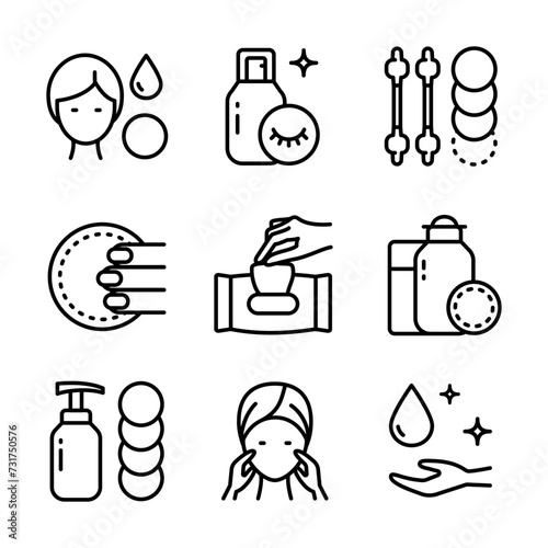 Makeup removal line icons set vector illustration. Outline beauty products from skin of face, facial tissue and cotton pads, cleanser and water to clean and care skin