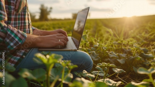 farmer uses a laptop on the background of the agriculture field.generative ai photo
