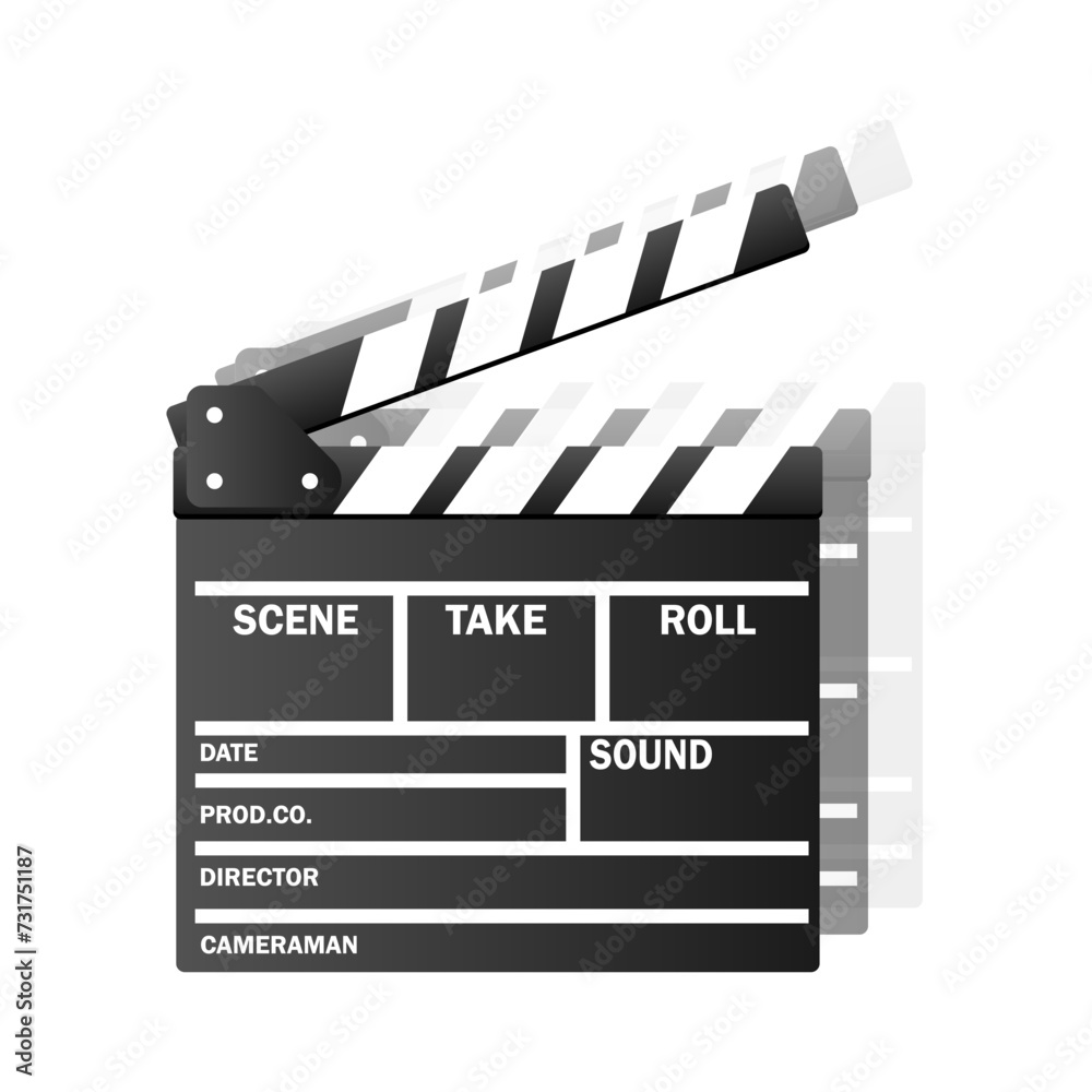 Black open clapperboard. Realistic vector illustration. Movie clapper board. Movie logo. Clapper icon. Movie icon. Clapper vector logo. Movie icon