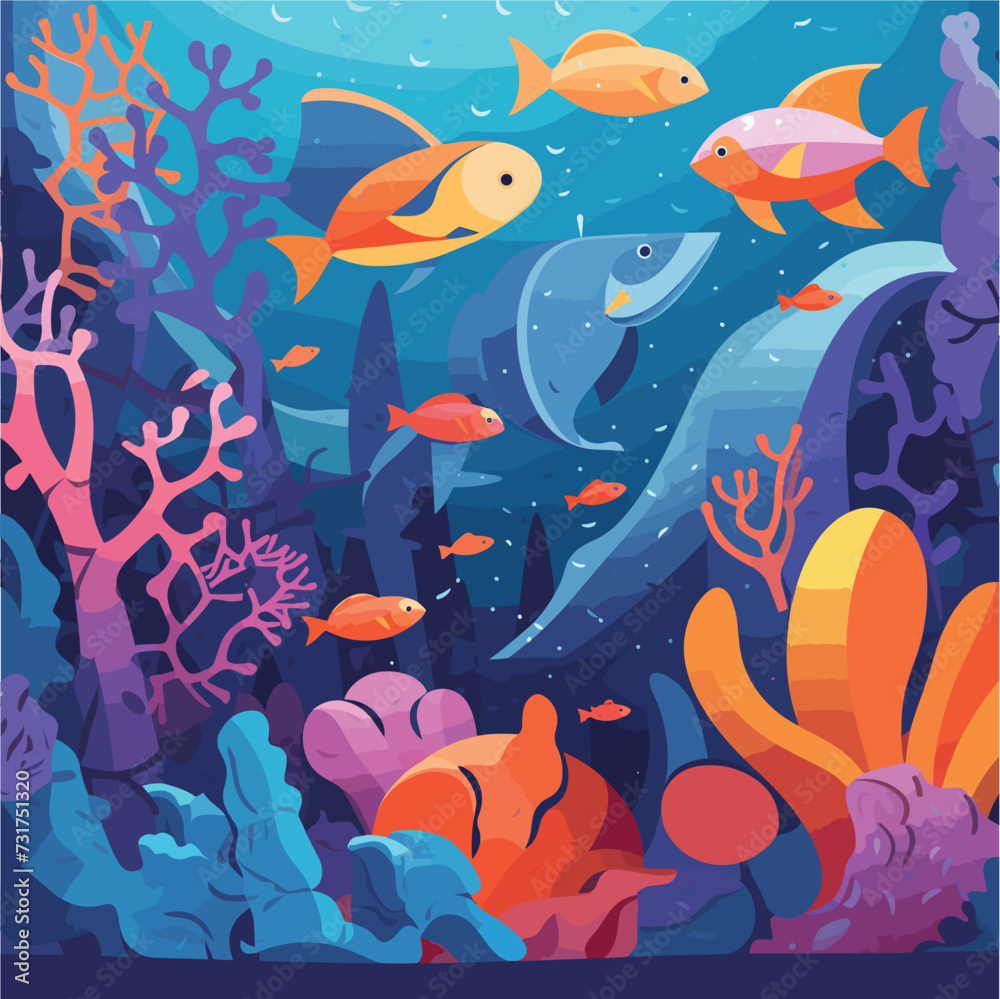 Digital illustration of colorful fish swimming in blue waters