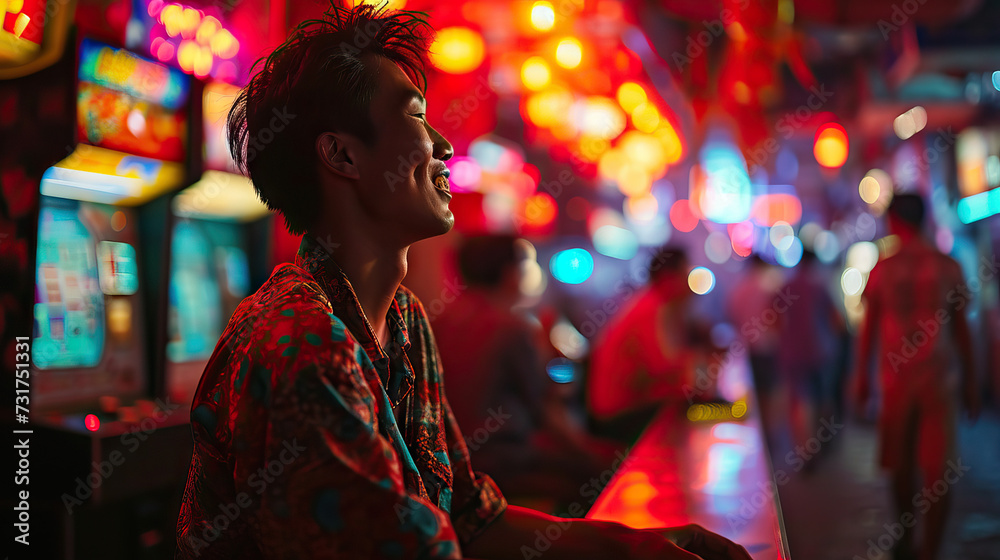 Arcade Bliss: An Asian Man Stands with Arms Outstretched in an Arcade Room, Experiencing Pure Joy and Excitement Amidst the Glow of Video Games and Fun