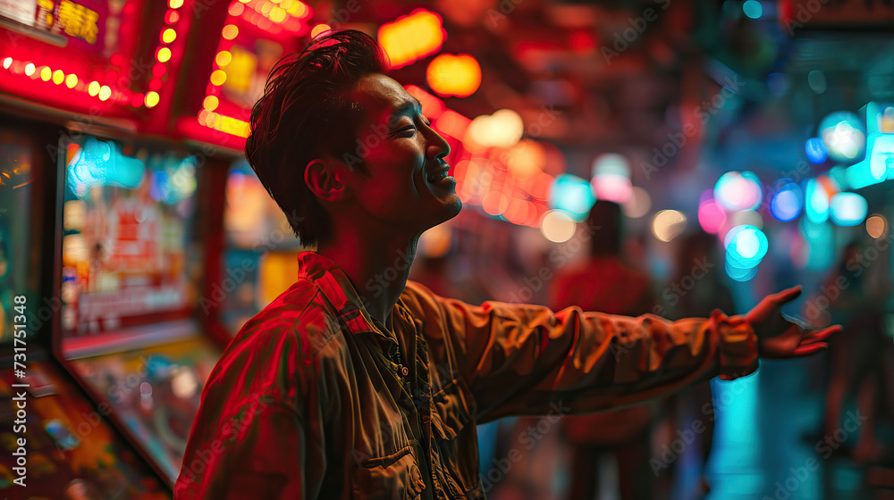 Arcade Bliss: An Asian Man Stands with Arms Outstretched in an Arcade Room, Experiencing Pure Joy and Excitement Amidst the Glow of Video Games and Fun Arcade Bliss: An Asian Man Stands with Arms Outstretched in an Arcade Room, Experiencing Pure Joy and Excitement Amidst the Glow of Video Games and Fun