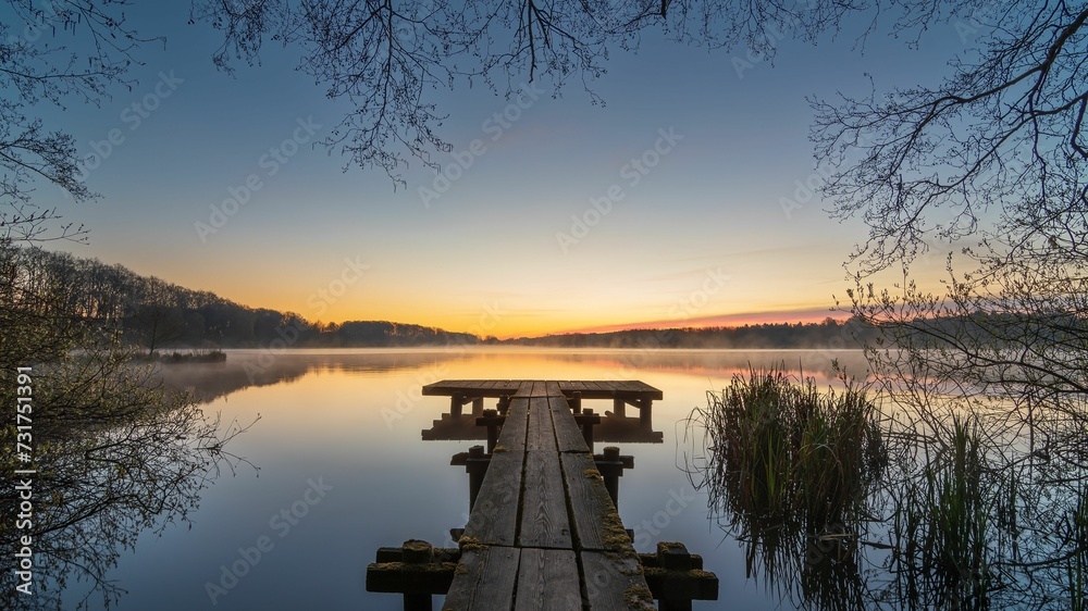 Tranquil sunrise illuminates a wooden dock extending into a serene lake.